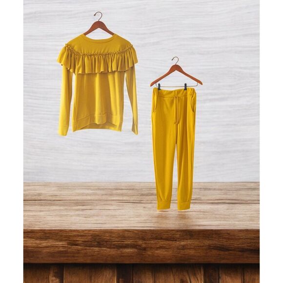 Mustard Yellow Flounce Ruffle Sweatshirt & Sweatpants Set - Women's Large - Picture 1 of 8
